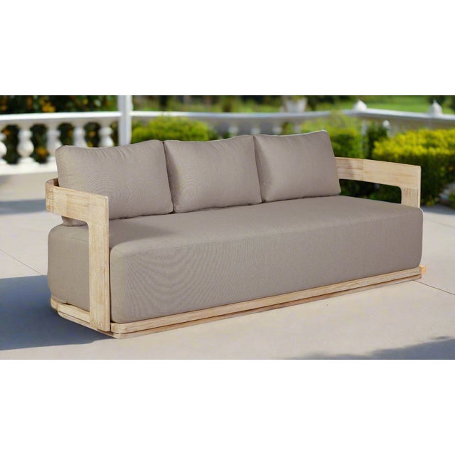 Wood Eclipse Outdoor Solid Teak Wood Sofa Natural Look - Gray Fabric For Sale - Image 7 of 11