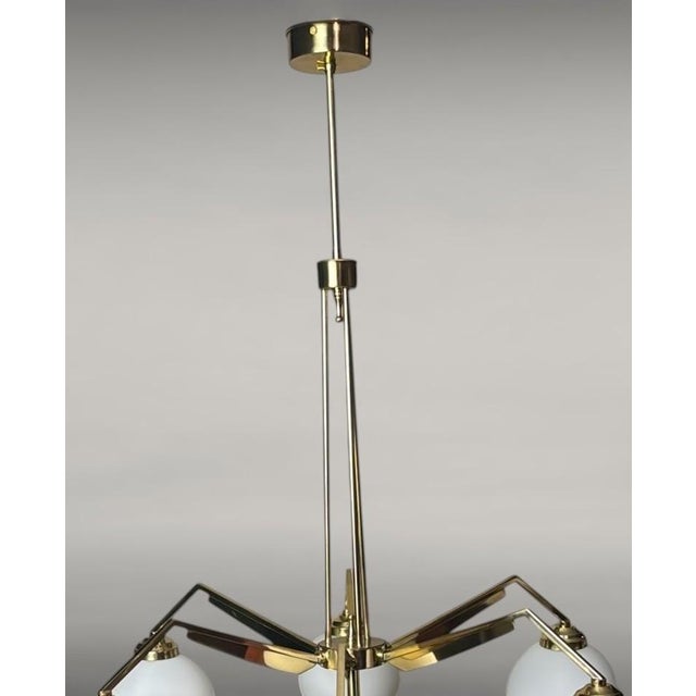 Mid 20th Century Stilnovo Style Italian Brass Six-Light Chandelier With Opaline Glass Globes For Sale - Image 9 of 18