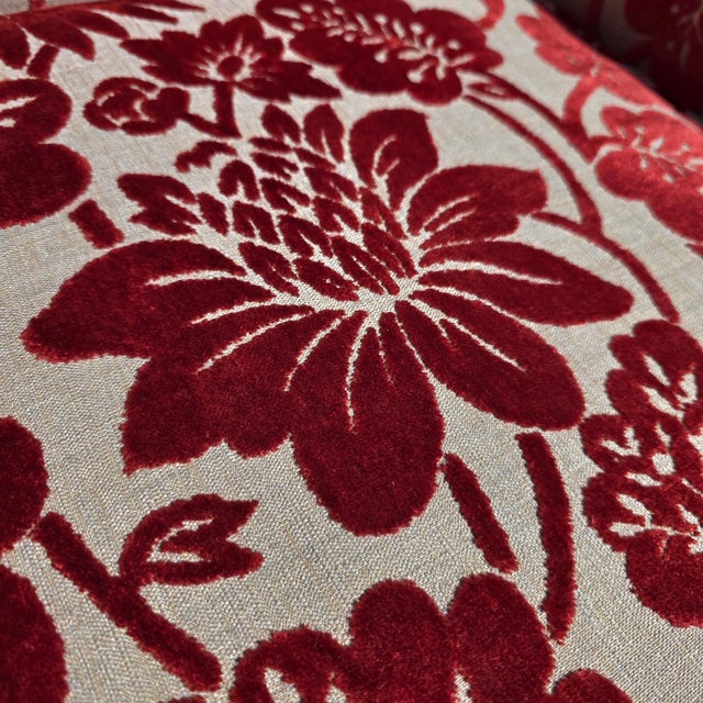 Pair of Late 20th Century Custom Upholstered Wingback Armchairs in Red and Ivory Floral Cut Velvet For Sale - Image 12 of 14