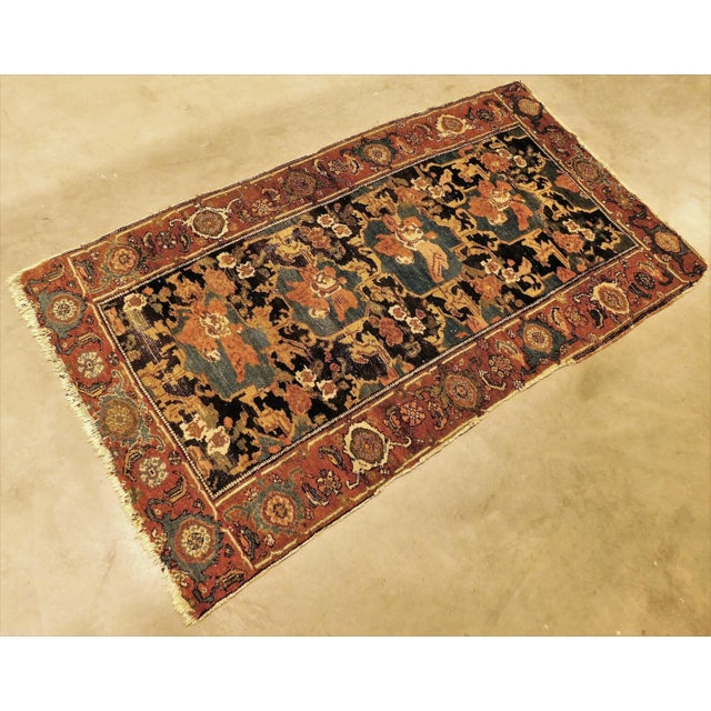 Inspired by French style four bucay of flowers within a blue field on black background. Rust border with turtle motifs....