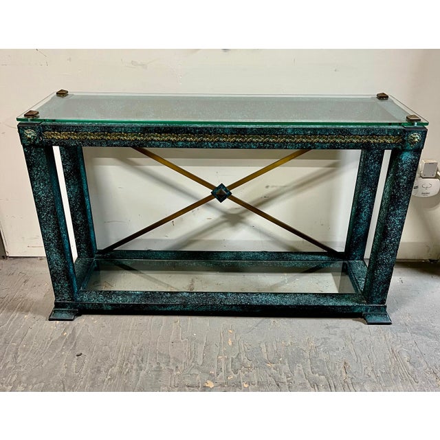 Neoclassical Vintage Neoclassical Verdigris Wood, Brass and Glass Tiered Console Table For Sale - Image 3 of 11