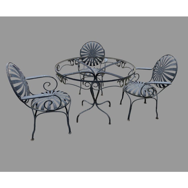 Mid 20th Century Francois Carre Style Wrought Iron Garden Table 3 Spring Back Sunburst Armchairs For Sale - Image 10 of 10
