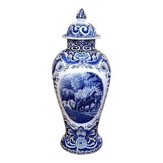 Mid-Century Dutch Delft Blue and White Lidded Ceramic Vase by Maastricht For Sale