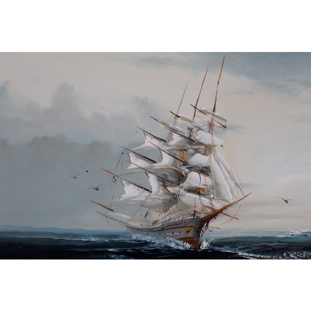 Vintage Mid-20th Century Signed Maritime Oil Painting of Tall Ship at Sea – Nautical Seascape on Canvas For Sale In Naples, FL - Image 6 of 14