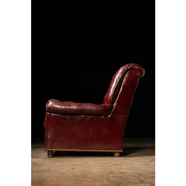Metal Vintage Tufted Leather Chesterfield Armchair and Ottoman Set in Burgundy For Sale - Image 7 of 12