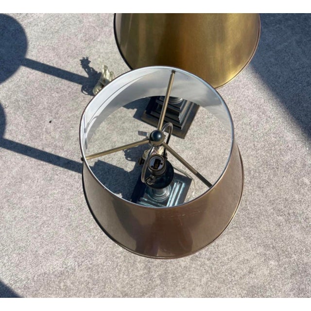 Visual Comforts Patinated Bronze Neo Classical Empire Brass Shade Table Lamps For Sale In West Palm - Image 6 of 10