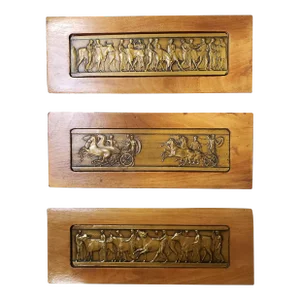 Mid Century Modern Wood and Brass Wall Plaques With Greco Roman Frieze Motifs Set of 3