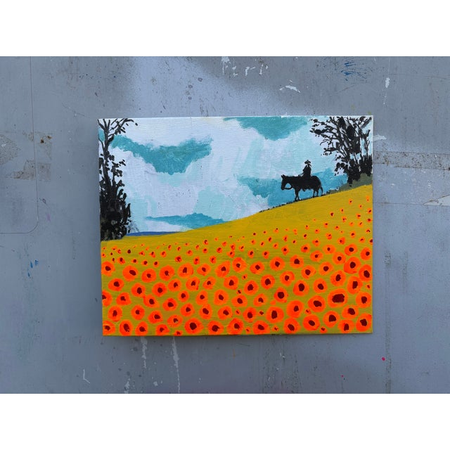 This cool little 10 x 8 original acrylic painting of a rider on the ridge over looking a vibrant field of poppies would...