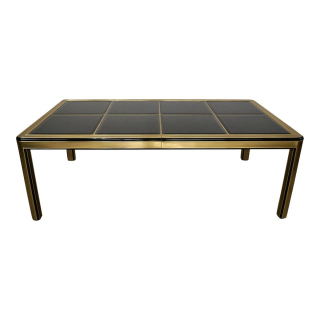1970’s Mid-Century Modern Brass & Dark Glass Dining Table For Sale