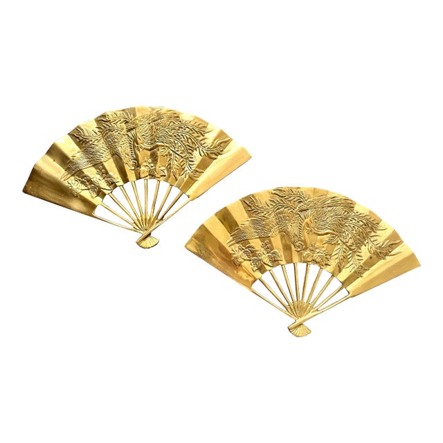 Pair of 1980s Wall Mounted Asian Brass Hand Fans For Sale