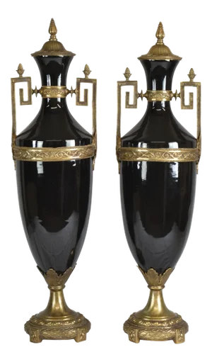 Tall Neoclassic Style Heavy Ceramic Black Colored Vases/Urns Mounted to Round Brass Bottoms Accented by Extended Brass Handles - A Pair