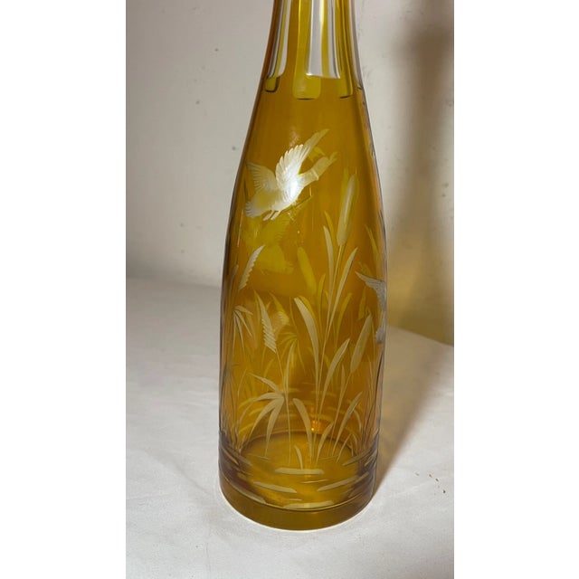 Antique Yellow Cut to Clear Czech Bohemian Crystal Glass Liquor Decanter Bottle For Sale - Image 4 of 13