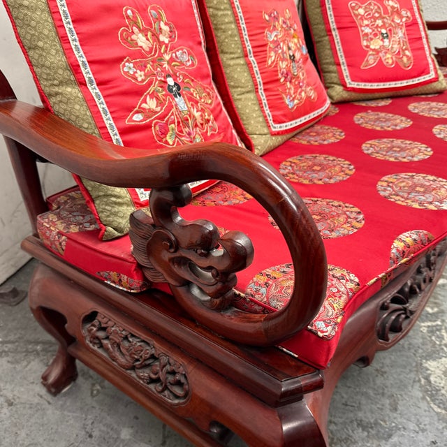 Vintage Qing Dynasty Carved Rosewood + Marble Sofa For Sale - Image 12 of 12