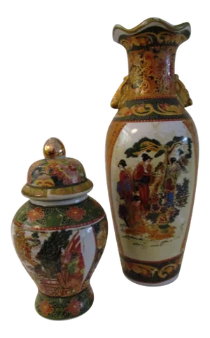 Mid-Century Chinese Geisha Girl Vase & Ginger Jar, Pair