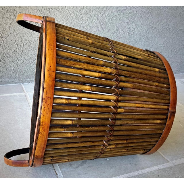 Mid 20th-Century Split Bamboo Tortoiseshell Planter Floor Basket With Ear Handles For Sale - Image 13 of 18