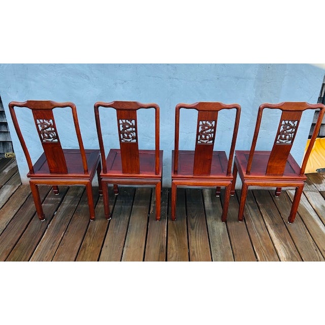 Vintage Chinese Traditional Hand Carved Dragon Design Solid Rosewood Dining Set Table and 4 Chairs For Sale - Image 13 of 18