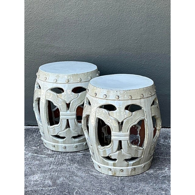 Off-white Vintage Linked Rings Glazed Ceramic Garden Stools - A Pair For Sale - Image 8 of 12