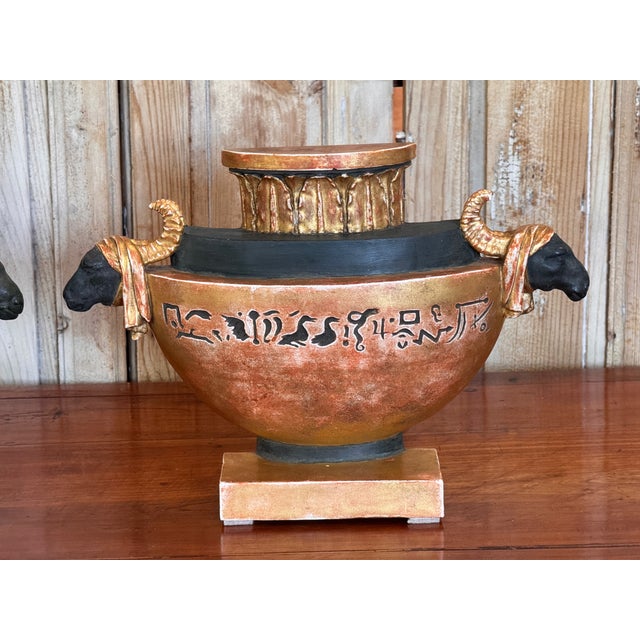 19th Century 19th Century Pair of Neoclassical Painted and Gilt Flatback Urns in the Egyptian Taste For Sale - Image 5 of 9