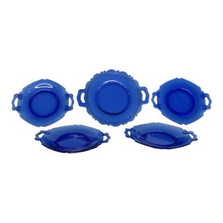 Early 20th Century Le Smith Mount Pleasant Cobalt Blue Glass Plates With Handles Set of Five For Sale