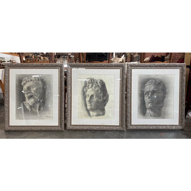 Set of Three Charcoal Portraits From the Mid 20th Century, Europe For Sale - Image 12 of 12