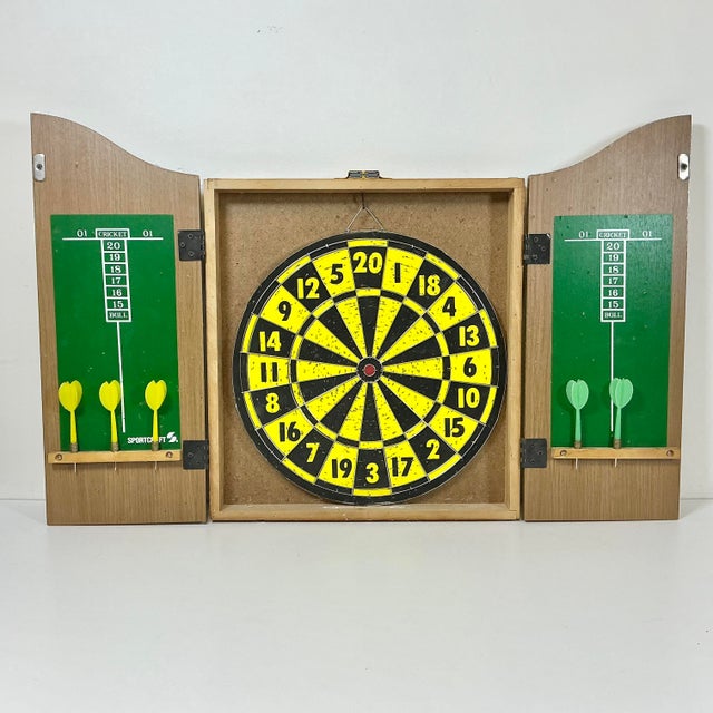 American 1980s Vintage English Style Cupboard Dart Board and Cabinet. For Sale - Image 3 of 10