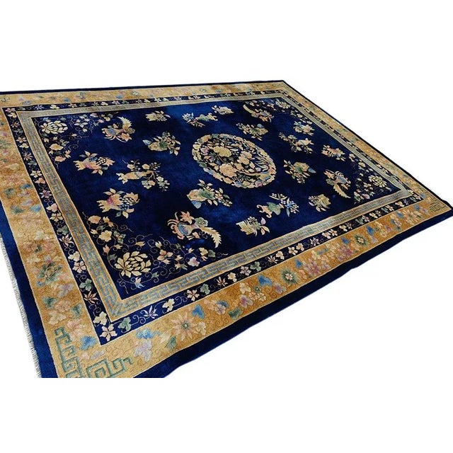 Art Deco 1920s Navy Blue Floral Vase Antique Chinese Art Deco Rug 8' 9'' X 11' 6'' Wool Knotted Carpet For Sale - Image 3 of 12