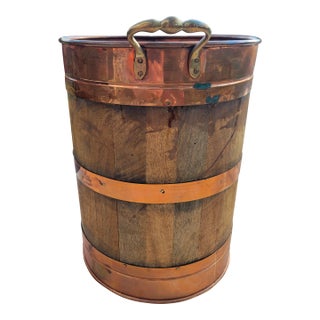Vintage Oak & Copper Firewood Bucket For Sale