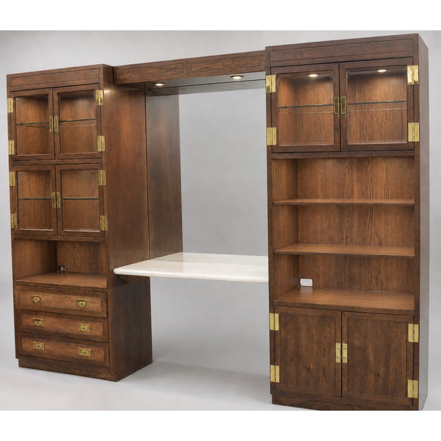 Henredon 1970s Campaign Vintage Henredon Oak Wall Unit With Marble Counter and Mirrored Cabinets For Sale - Image 4 of 12