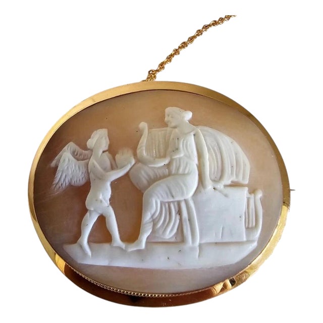 Antique Victorian 15ct Gold Carved Shell Cameo Brooch with Maiden and Angel For Sale