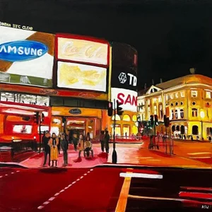 Piccadilly Circus in London City at Night With Red Bus by Urban Landscape Artist