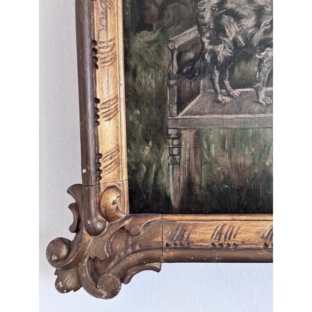 Antique Original Oil Painting of Woman With Dogs in a Garden For Sale - Image 13 of 16