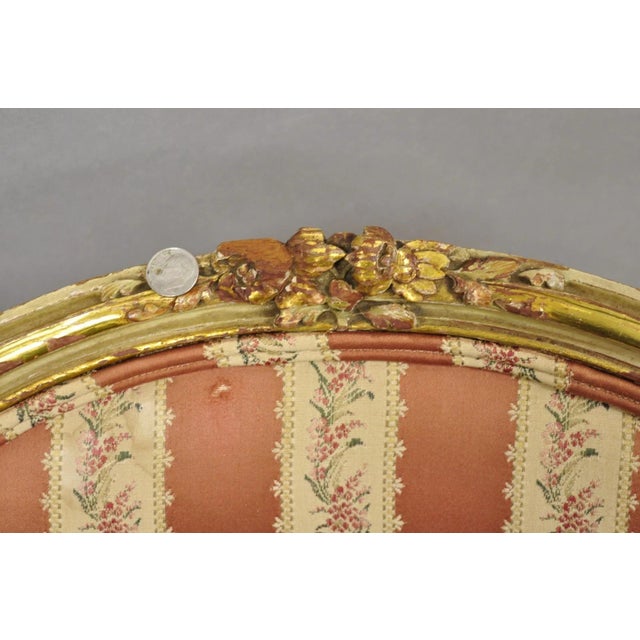 Antique French Louis XV Style Gold Giltwood Pink Stripe Fauteuil Arm Chair, Pair For Sale - Image 12 of 18