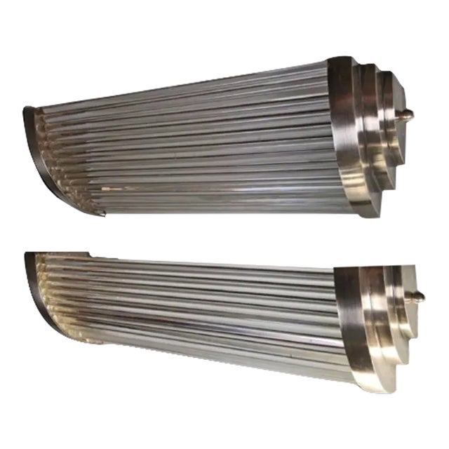 Pair Vintage 1940s Skyscraper Art Deco Wall Sconces Fixtures in Nickel Brass & Glass Rod Ship Light For Sale