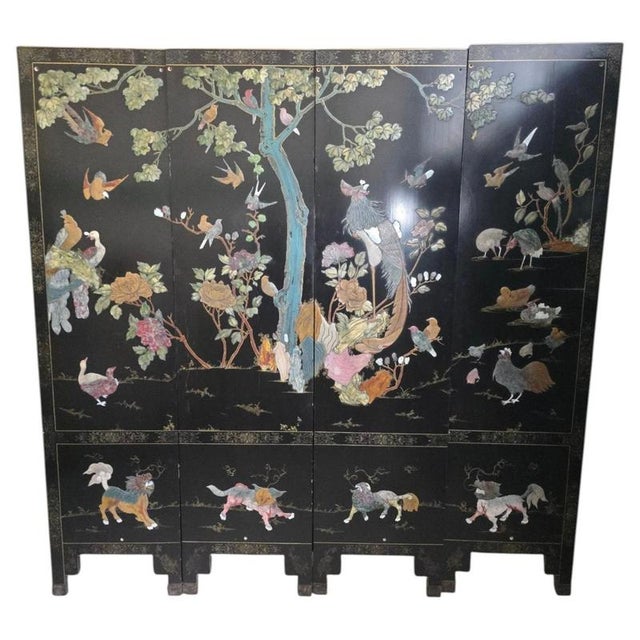 Chinese Folding Screen with Carved Hardstone Animals, 1920 For Sale - Image 17 of 17