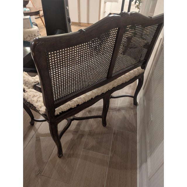 Brown Vintage French Louis Style Cane Back Bench Settee With Carved Wood Frame For Sale - Image 8 of 9