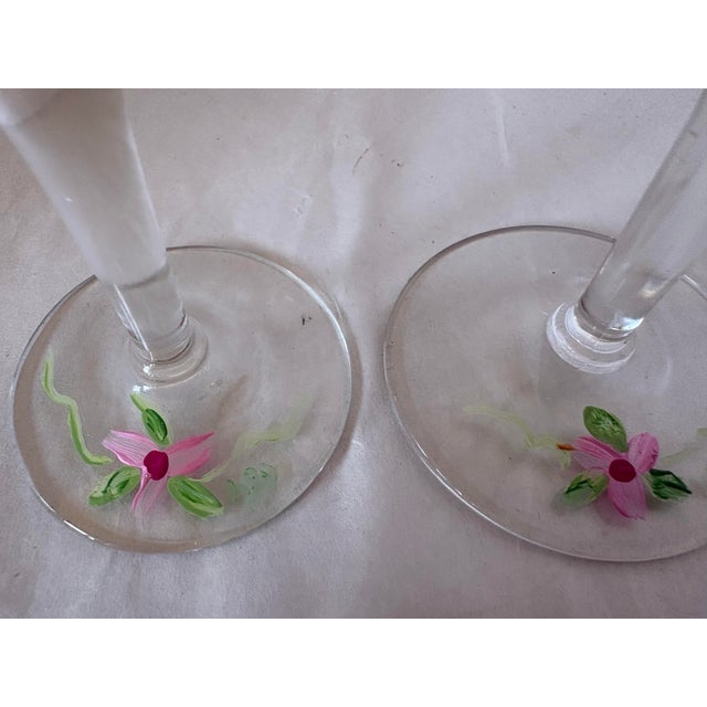 Boho Chic Vintage Hand-Painted Tropical Parrot & Floral Champagne Flutes - Pair For Sale - Image 3 of 9