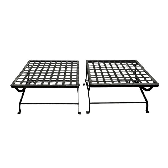 Metal Pair Iron Lattice Top Curule Style Ottomans For Sale - Image 7 of 9