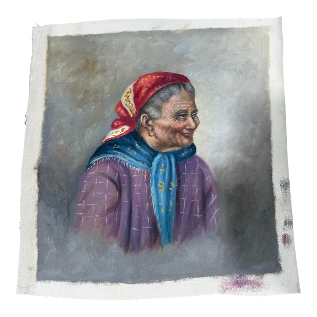 Oil Painting 1950s Loose Colorful Old Lady From Italy For Sale