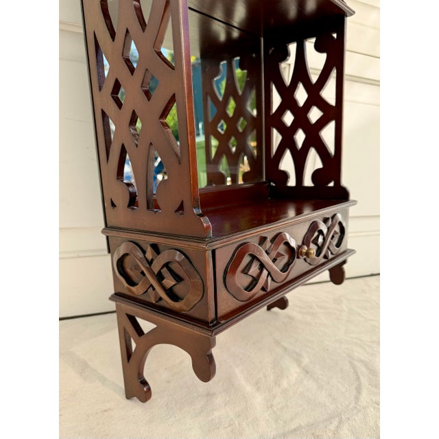 Art Deco Vintage Mahogany Wall-Mounted Étagère With Mirror Back and Drawer For Sale - Image 3 of 12