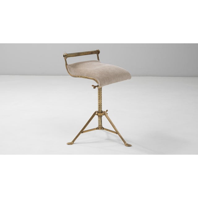Brown 1920s French Brass Adjustable Stool With Upholstered Seat and Tripod Base For Sale - Image 8 of 18
