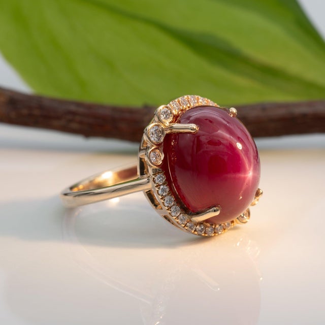 Metal 12Ct Star Ruby Ring With Earth-Mined Diamond Accents in Solid 14k Gold, 13x11mm, Size 6.75 For Sale - Image 7 of 9
