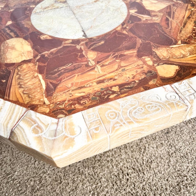 Mexican “Aztec” Hand Carved Green and Brown Onyx Octagonal Coffee Table For Sale - Image 10 of 12