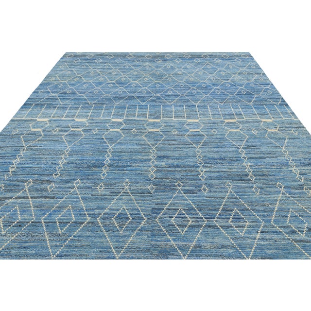 Modern Moroccan Style Wool Rug Handwoven Blue With Tribal Geometric Motifs For Sale In New York - Image 6 of 10