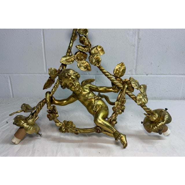 Antique Ornate Gilt Bronze Cherub Angel Putti Hanging Chandelier Fixture For Sale In New York - Image 6 of 16