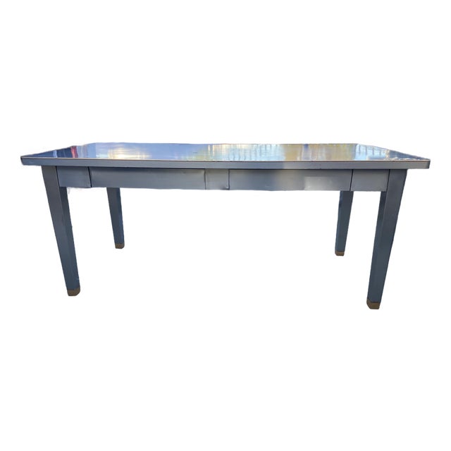 1940s Attributed to General Fireproofing Company Tanker Desk Refinished in Brushed Steel For Sale