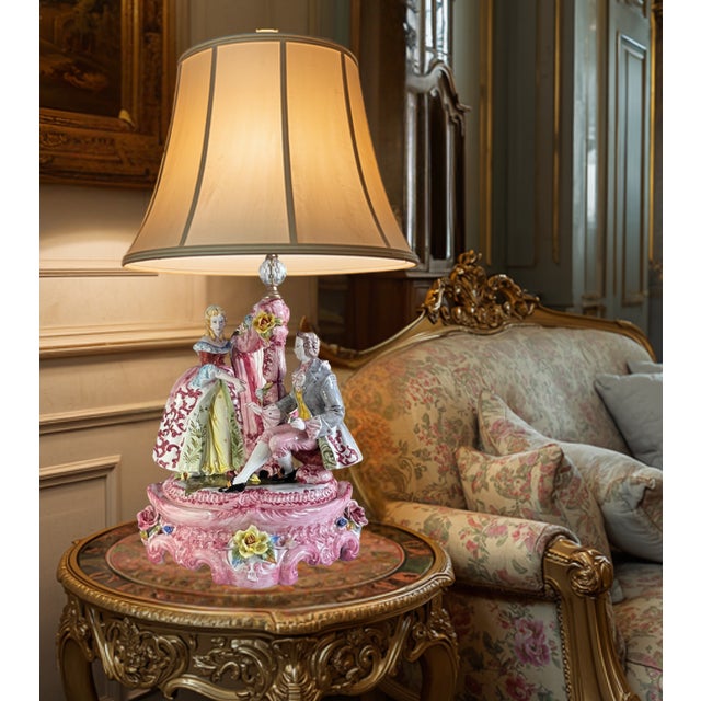 Capodimonte Large Mid-Century D. Poloniato Capodimonte Porcelain Table Lamp Courting Couple Harp For Sale - Image 4 of 18