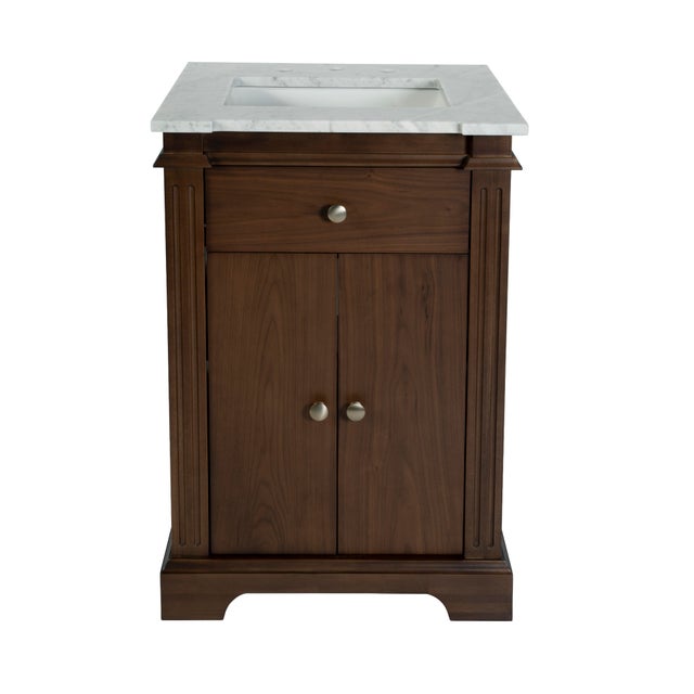 2020s Rachelle 24 in. W Rectangular Wood & Marble Bathroom Vanity with Storage, Natural Walnut For Sale - Image 5 of 11