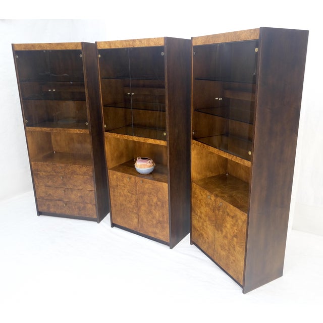 Set of 3 Burl Wood Lighted Cabinets Wall Units Mid Century Modern MINT