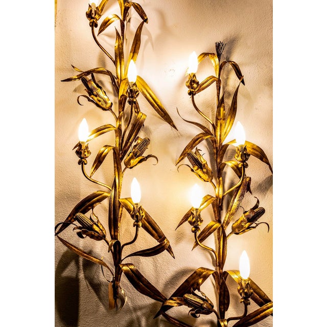 Traditional 1960s Vintage Italian Gold Gilded Corn Husk Large Wall Sconces - a Pair For Sale - Image 3 of 10