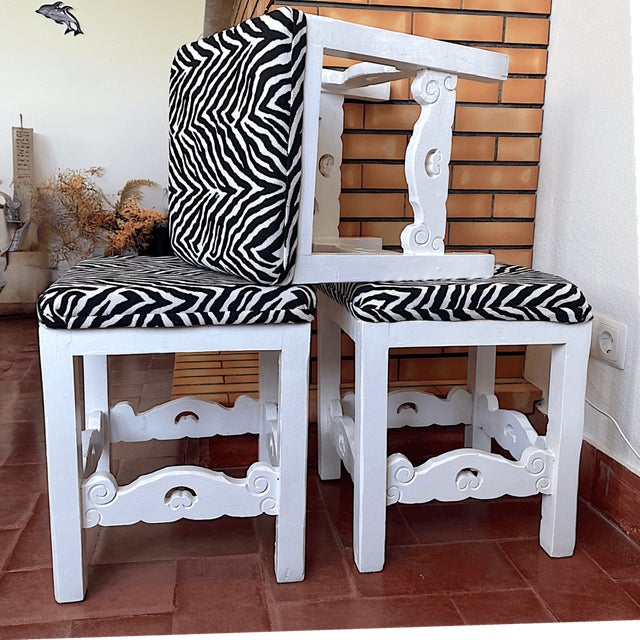 Vintage Portuguese Rustic Wood Stool White with Zebra Fabric Upholstery, 1940s For Sale - Image 6 of 18